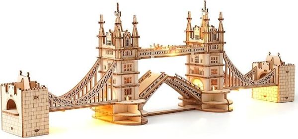 3D Puzzle Wooden Craft Kits with LED Light DIY Tower Bridge Construction Model Kit to Build for Teens Brain Teaser Puzzle Home Decor Birthday Gif
