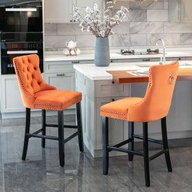 Contemporary Velvet Upholstered Barstools with Button Tufted Decoration and Wooden Legs, and Chrome Nailhead Trim, Leisure Style Bar Chairs,Bar s