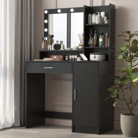 Vanity Desk with Mirror & Light, Large Drawer Three Level Storage Dresser, 3 Lighting Modes Adjustable Brightness, Bedroom Dressing Table(black)