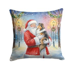 Sheltie with Santa Claus Throw Pillow Decorative Indoor Outdoor Accent Cushion for Couch, Bed or Patio, 18Hx18W