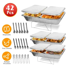 Set Of 42Pcs Disposable Chafing Dish Buffet Set Chafing Servers With Covers Spoons Forks Tongs Full-Size Pans Food Warmers For Parties Events Cat (Option: 42PcsSet)
